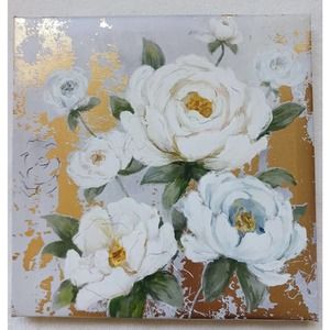 ROSES Gold Leaf White Bouquet Flowers Floral Luxury Canvas Wall Art Small 8x8w